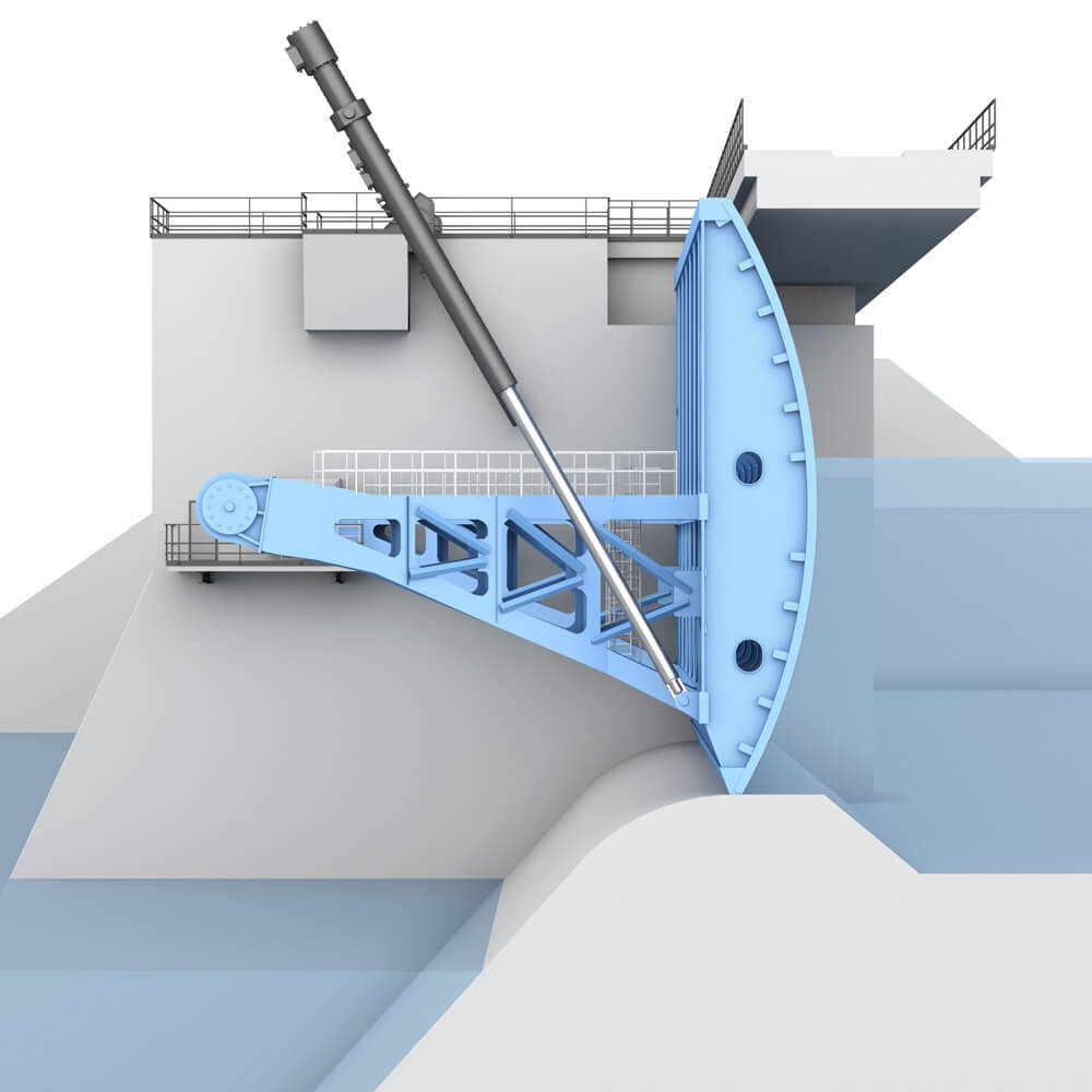 Hydroelectric power plant spillway gate rendering